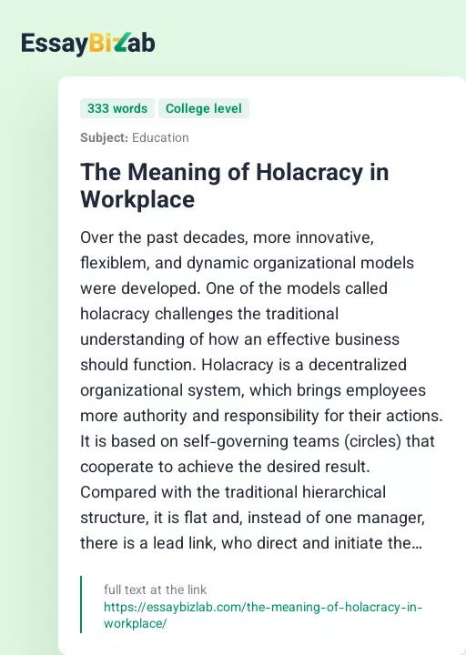 The Meaning of Holacracy in Workplace - Essay Preview