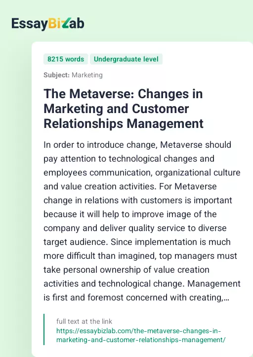 The Metaverse: Changes in Marketing and Customer Relationships Management - Essay Preview