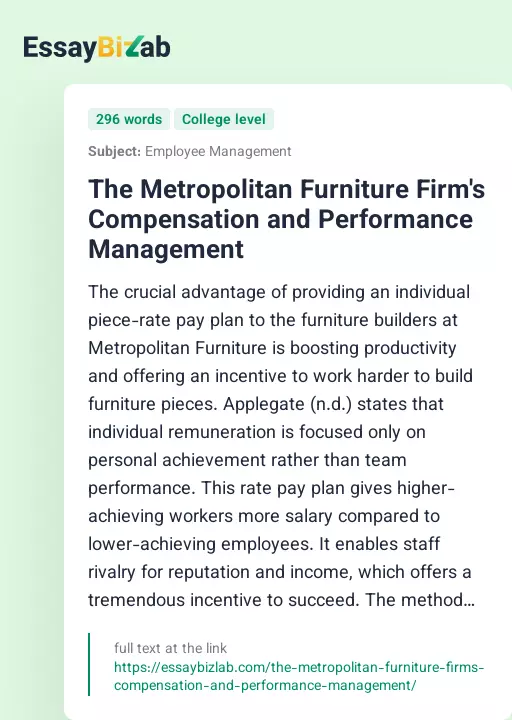 The Metropolitan Furniture Firm's Compensation and Performance Management - Essay Preview