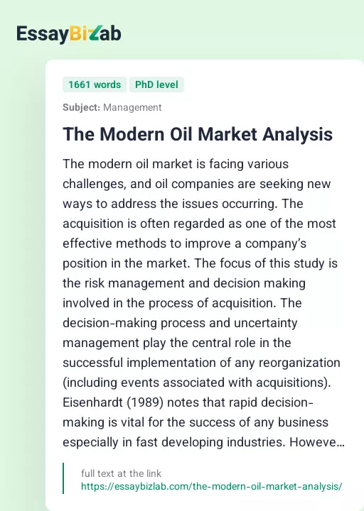 The Modern Oil Market Analysis - Essay Preview