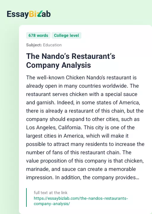 The Nando’s Restaurant’s Company Analysis - Essay Preview