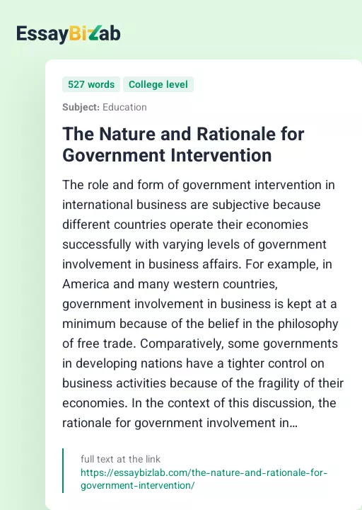 The Nature and Rationale for Government Intervention - Essay Preview