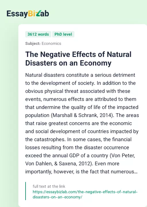 The Negative Effects of Natural Disasters on an Economy - Essay Preview