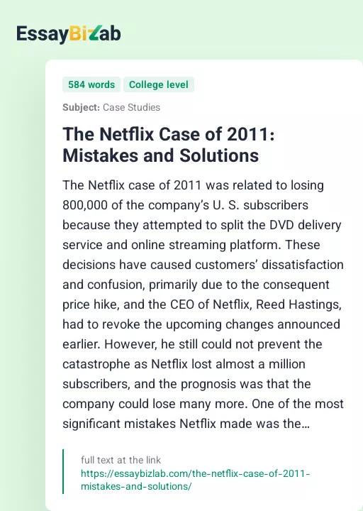 The Netflix Case of 2011: Mistakes and Solutions - Essay Preview