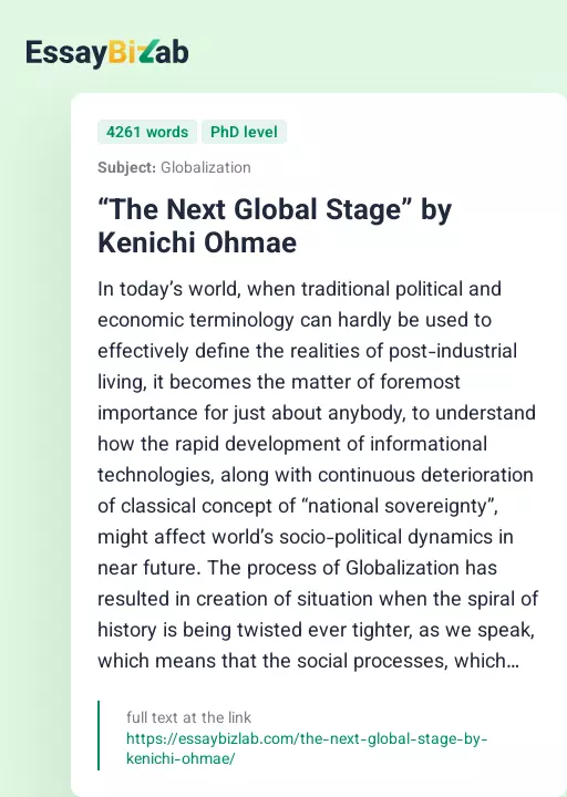 “The Next Global Stage” by Kenichi Ohmae - Essay Preview