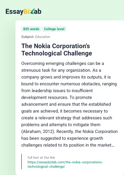The Nokia Corporation's Technological Challenge - Essay Preview