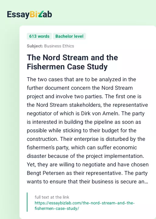 The Nord Stream and the Fishermen Case Study - Essay Preview