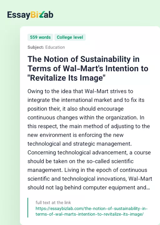 The Notion of Sustainability in Terms of Wal-Mart's Intention to "Revitalize Its Image" - Essay Preview