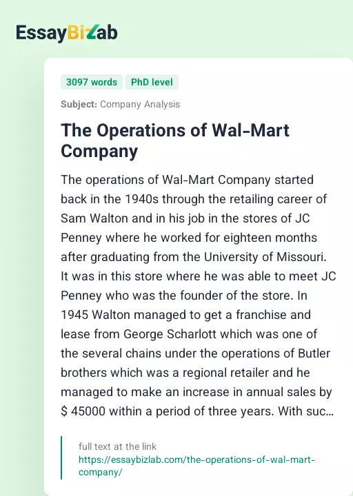 The Operations of Wal-Mart Company - Essay Preview
