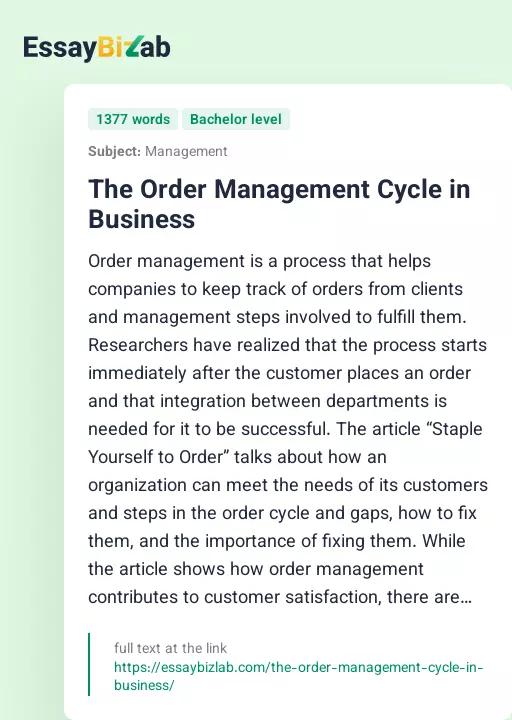 The Order Management Cycle in Business - Essay Preview