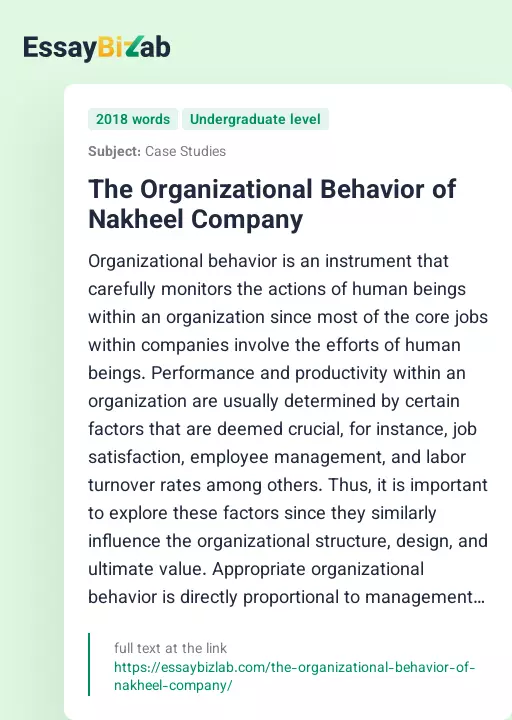 The Organizational Behavior of Nakheel Company - Essay Preview