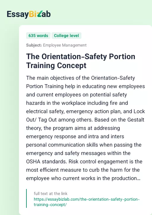 The Orientation-Safety Portion Training Concept - Essay Preview