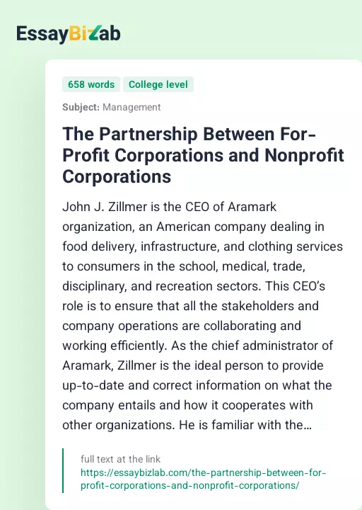 The Partnership Between For-Profit Corporations and Nonprofit Corporations - Essay Preview