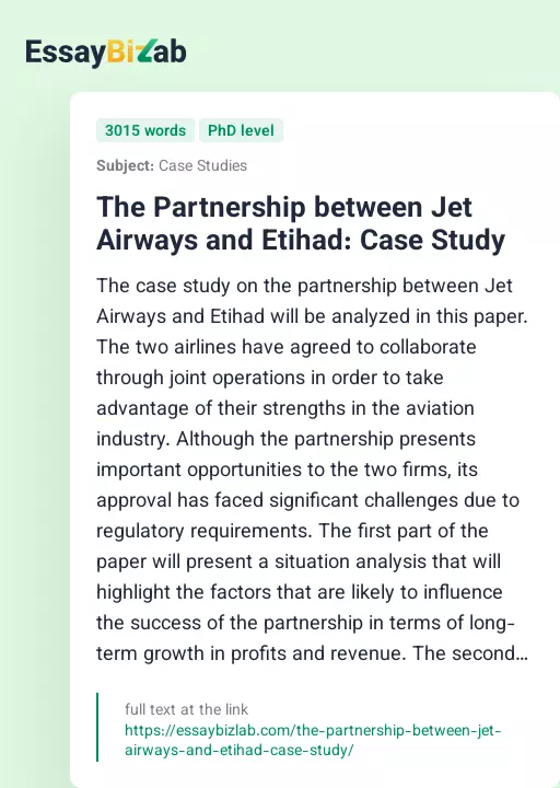 The Partnership between Jet Airways and Etihad: Case Study - Essay Preview