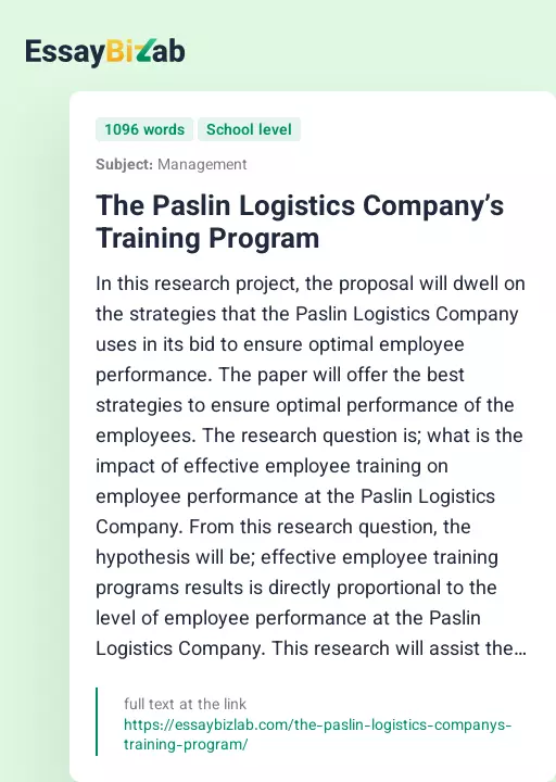 The Paslin Logistics Company’s Training Program - Essay Preview