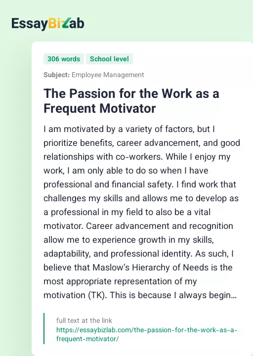 The Passion for the Work as a Frequent Motivator - Essay Preview