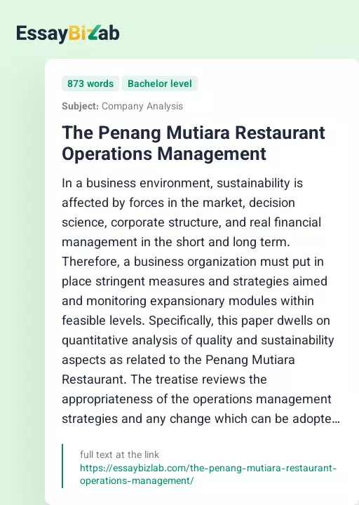 The Penang Mutiara Restaurant Operations Management - Essay Preview