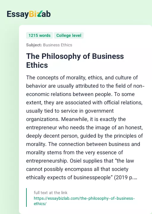 The Philosophy of Business Ethics - Essay Preview