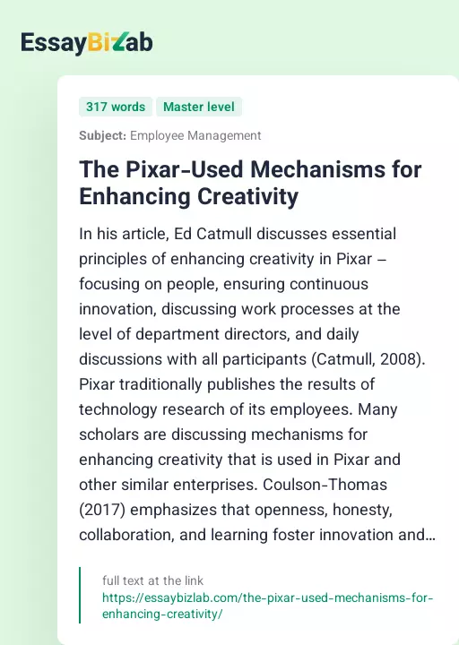The Pixar-Used Mechanisms for Enhancing Creativity - Essay Preview