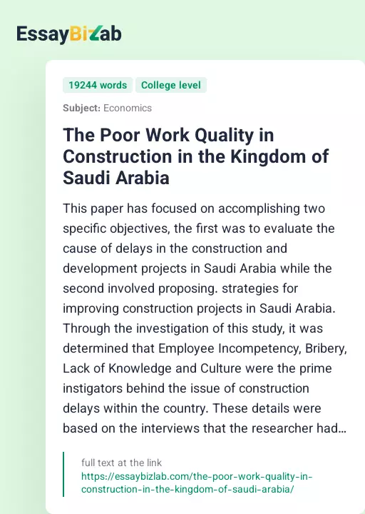 The Poor Work Quality in Construction in the Kingdom of Saudi Arabia - Essay Preview