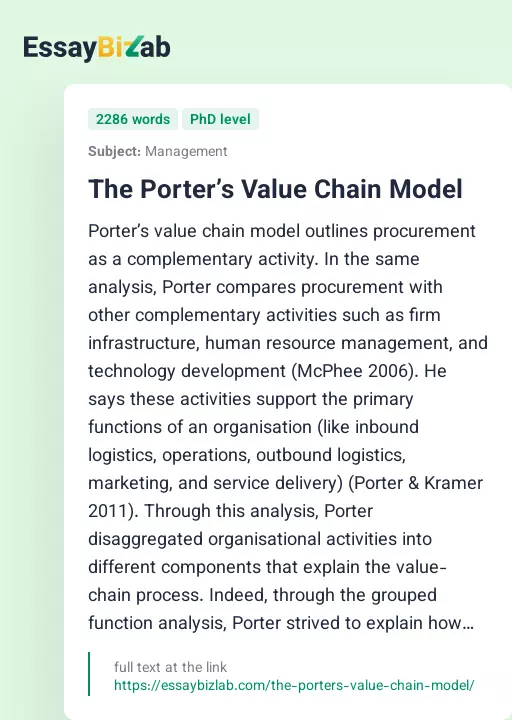 The Porter’s Value Chain Model - Essay Preview