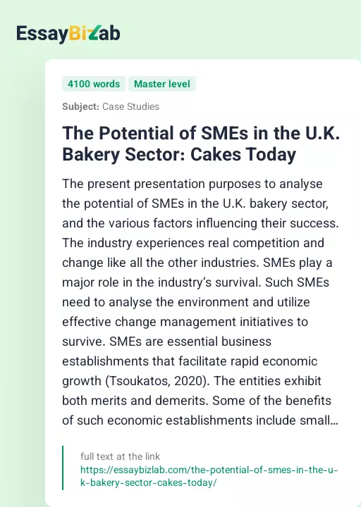 The Potential of SMEs in the U.K. Bakery Sector: Cakes Today - Essay Preview