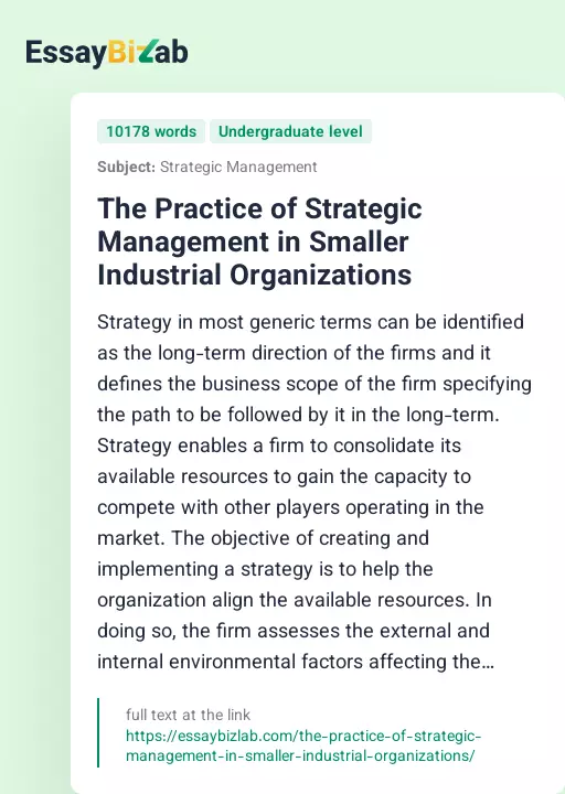 The Practice of Strategic Management in Smaller Industrial Organizations - Essay Preview