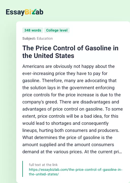The Price Control of Gasoline in the United States - Essay Preview