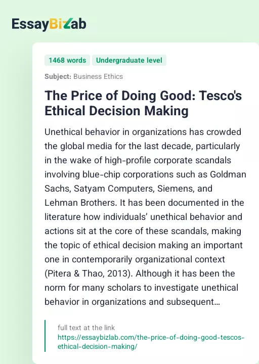 The Price of Doing Good: Tesco's Ethical Decision Making - Essay Preview
