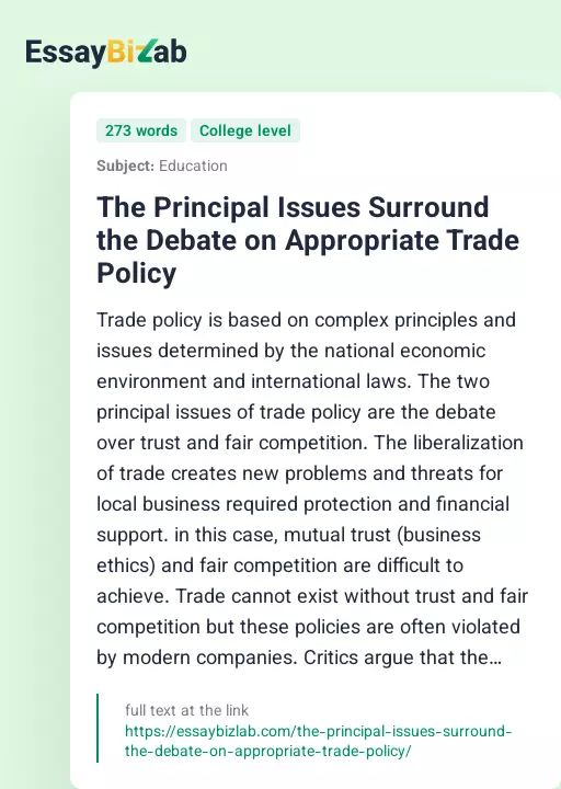 The Principal Issues Surround the Debate on Appropriate Trade Policy - Essay Preview