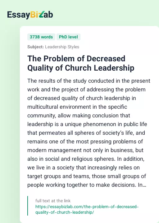 The Problem of Decreased Quality of Church Leadership - Essay Preview