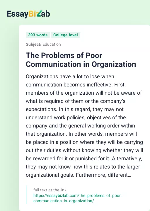 The Problems of Poor Communication in Organization - Essay Preview