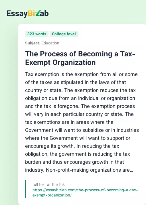 The Process of Becoming a Tax-Exempt Organization - Essay Preview