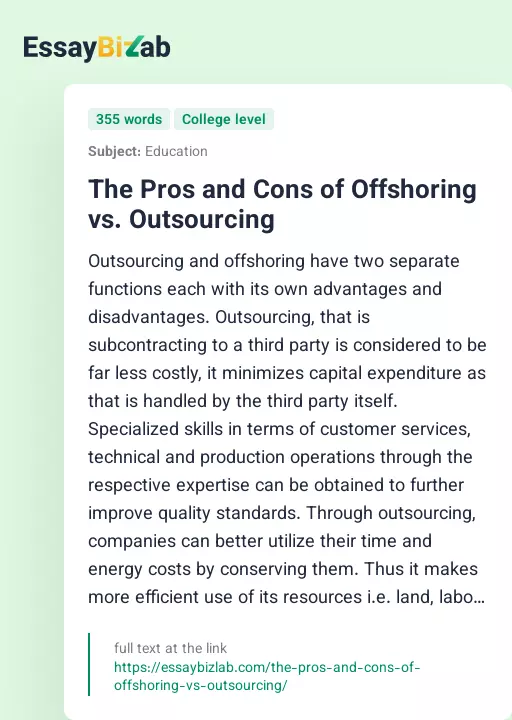 The Pros and Cons of Offshoring vs. Outsourcing - Essay Preview