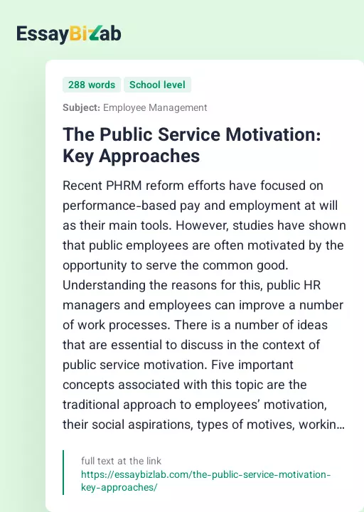 The Public Service Motivation: Key Approaches - Essay Preview