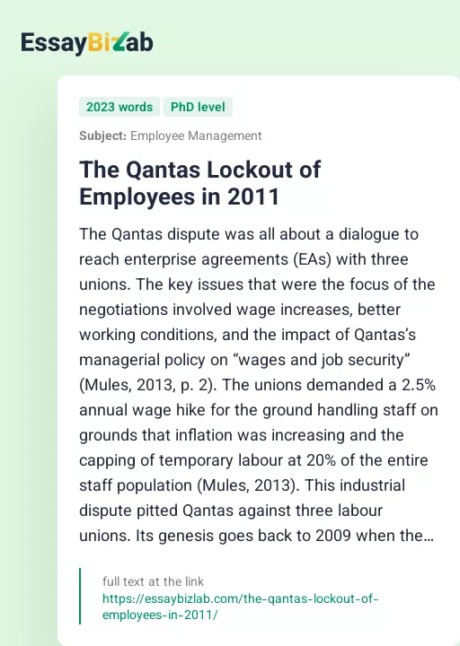 The Qantas Lockout of Employees in 2011 - Essay Preview
