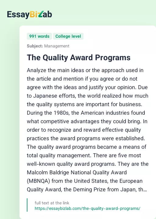 The Quality Award Programs - Essay Preview
