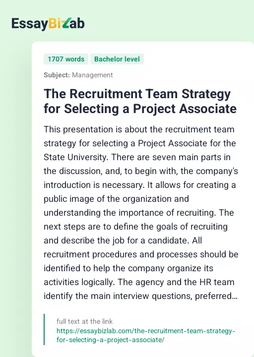 The Recruitment Team Strategy for Selecting a Project Associate - Essay Preview