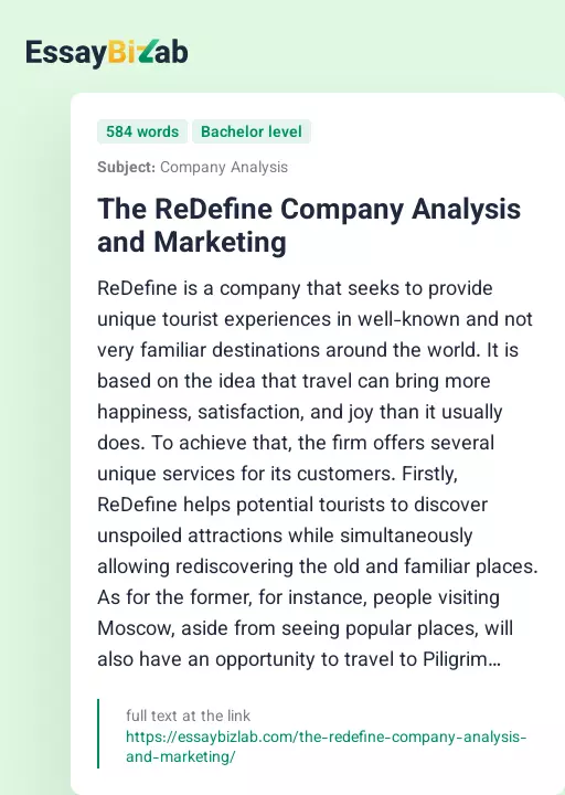 The ReDefine Company Analysis and Marketing - Essay Preview