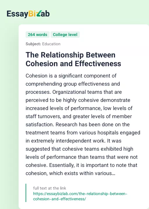 The Relationship Between Cohesion and Effectiveness - Essay Preview