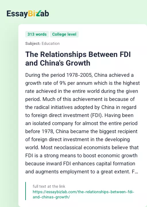 The Relationships Between FDI and China's Growth - Essay Preview