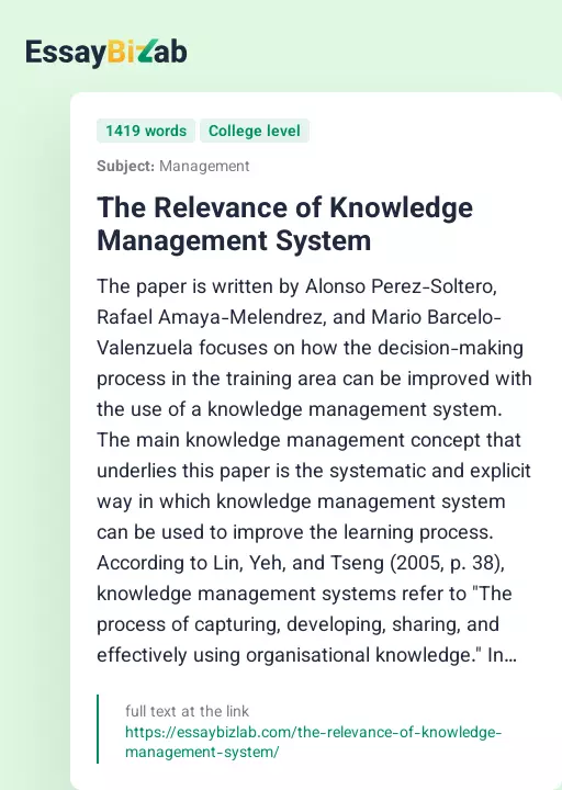 The Relevance of Knowledge Management System - Essay Preview