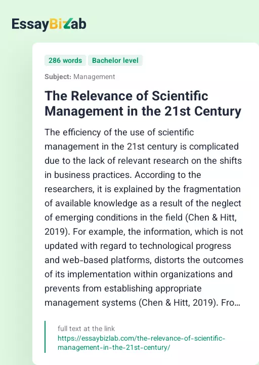 The Relevance of Scientific Management in the 21st Century - Essay Preview