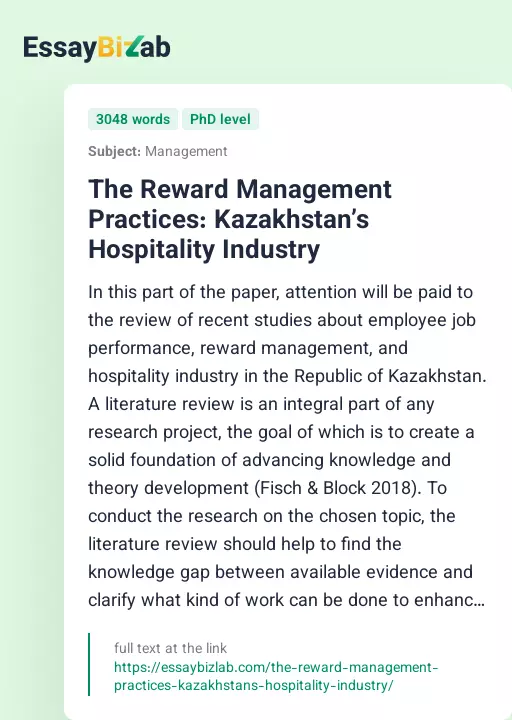 The Reward Management Practices: Kazakhstan’s Hospitality Industry - Essay Preview