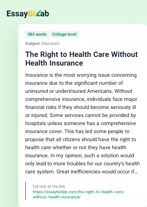 The Right to Health Care Without Health Insurance - Essay Preview