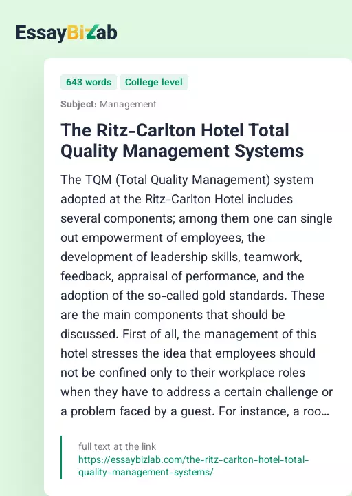 The Ritz-Carlton Hotel Total Quality Management Systems - Essay Preview