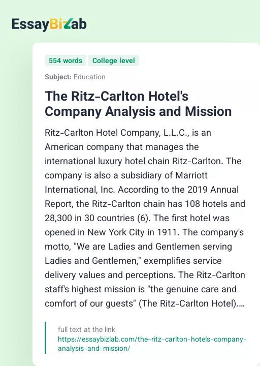 The Ritz-Carlton Hotel's Company Analysis and Mission - Essay Preview