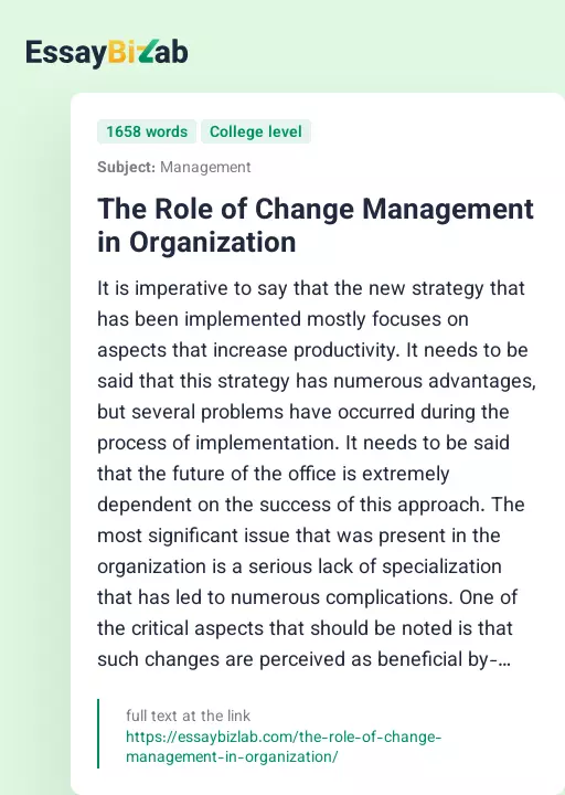 The Role of Change Management in Organization - Essay Preview