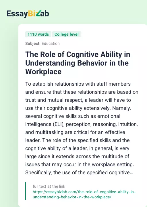 The Role of Cognitive Ability in Understanding Behavior in the Workplace - Essay Preview