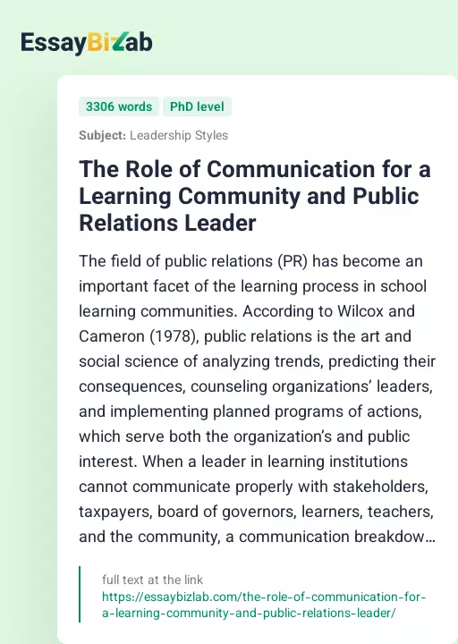 The Role of Communication for a Learning Community and Public Relations Leader - Essay Preview